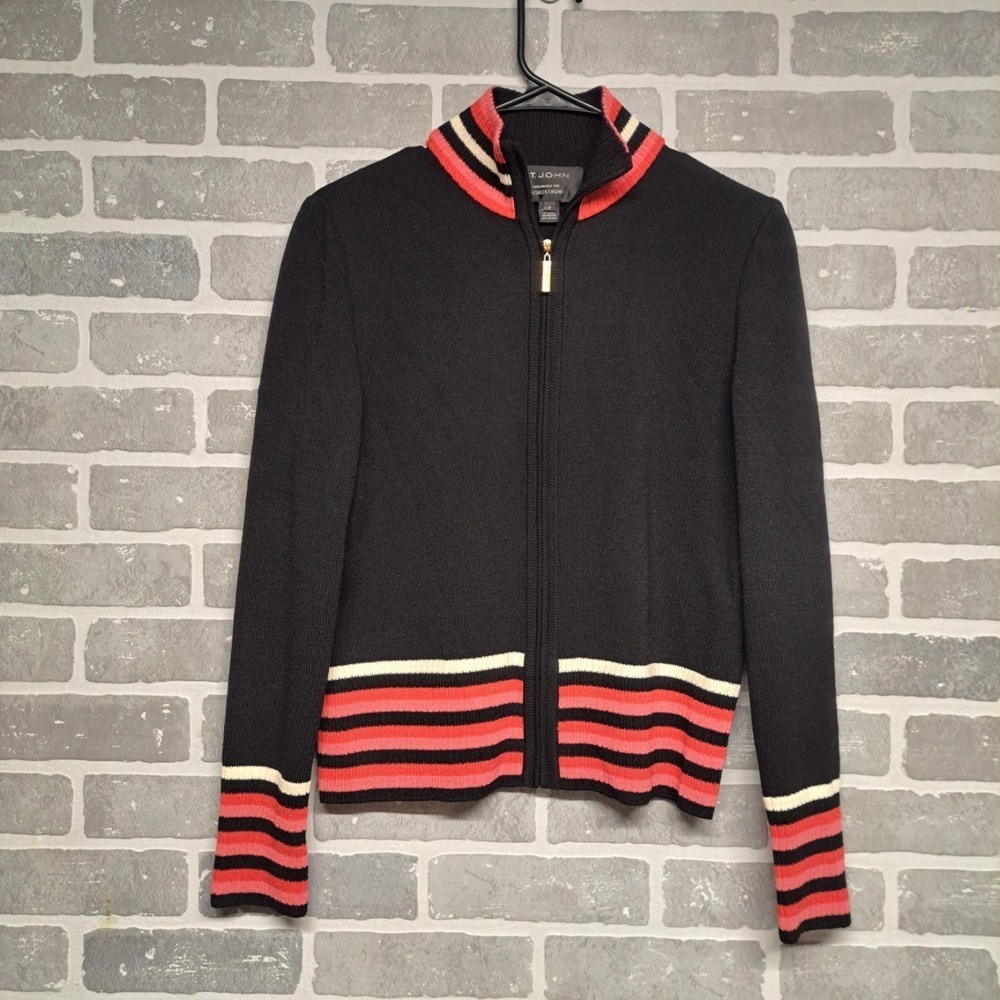 ST.John Womens Full Zip Sweater Black Pink Striped Mock Neck‎ Knit Size P